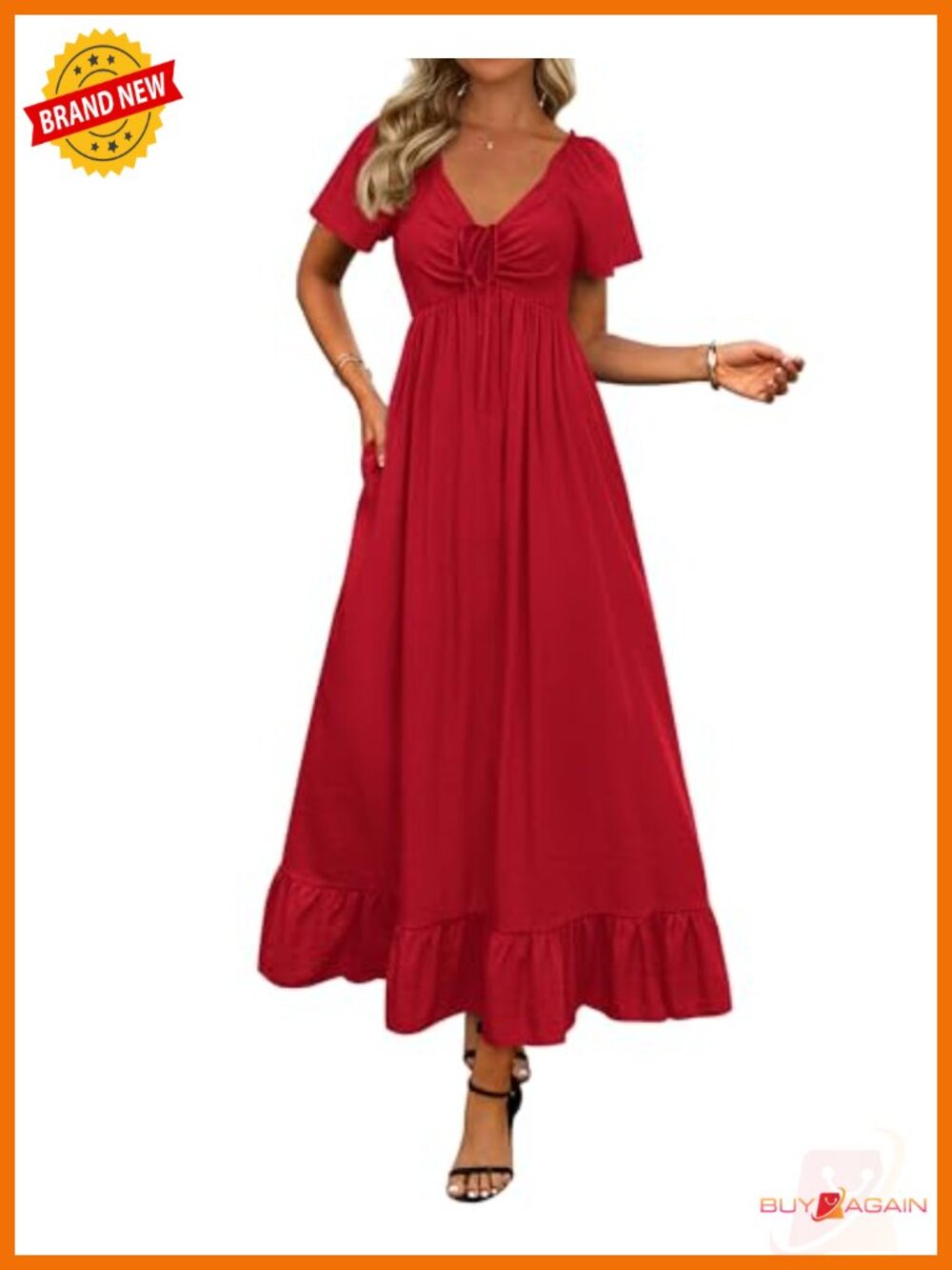 Womens Maxi Dress Smocked Back V Neck Tiered Ruffle A-Line Semi Formal Wedding